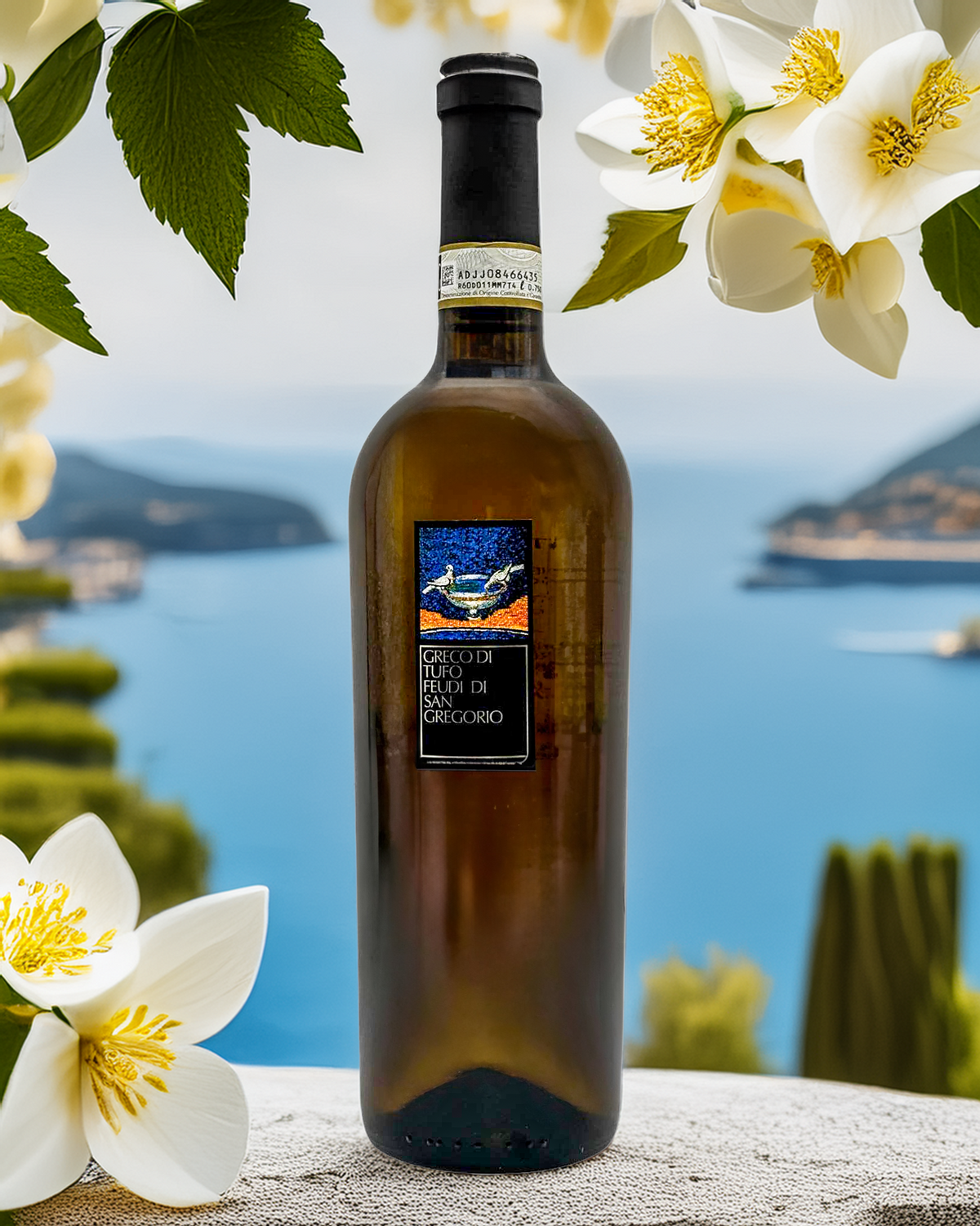 Greco di Tufo Weißweinflasche vor mediterraner Küstenlandschaft mit weißen italienischen Blumen – stimmungsvolles Hintergrundbild für italienischen Wein.