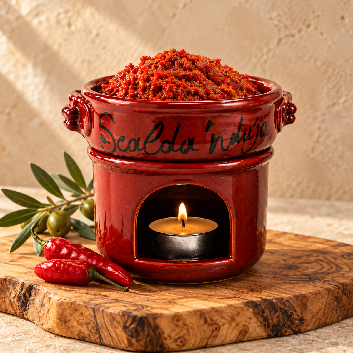 Scalda ’Nduja aus burgunderroter Keramik auf einem Olivenholzbrett mit Teelicht – Serviervorschlag.