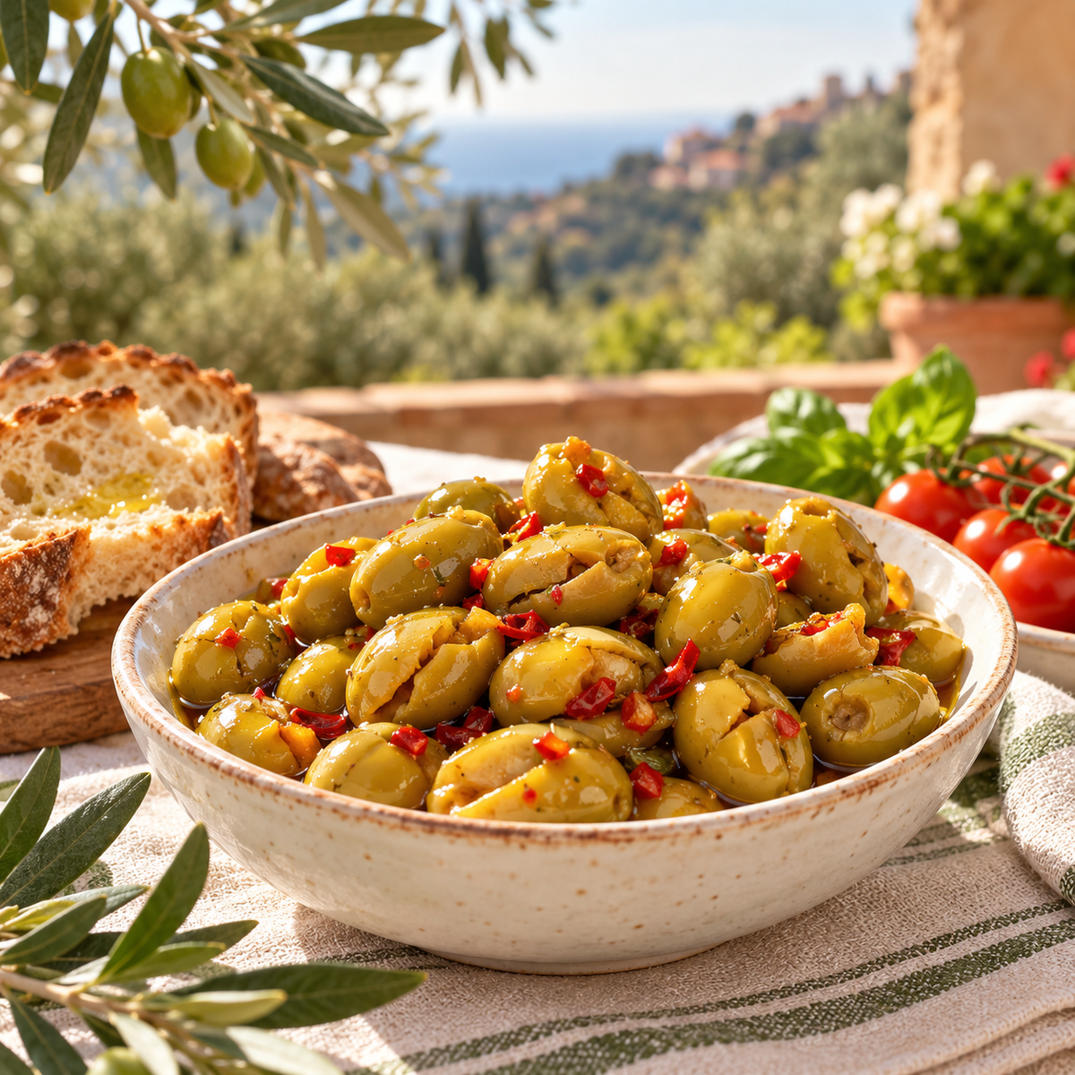 Schiacciate Piccanti – Pikante grüne Oliven mit Kern, 300 g – Mediterraner Aperitivo – Serviervorschlag