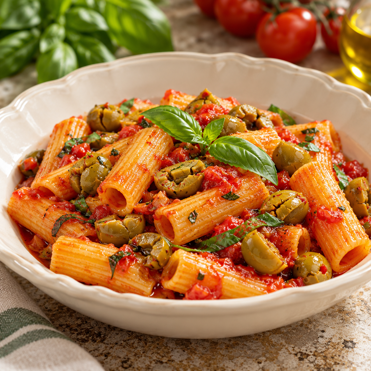 Schiacciate Piccanti – Pikante grüne Oliven mit Kern, 300 g – Pasta mit pikanten grünen Oliven – Rezeptidee