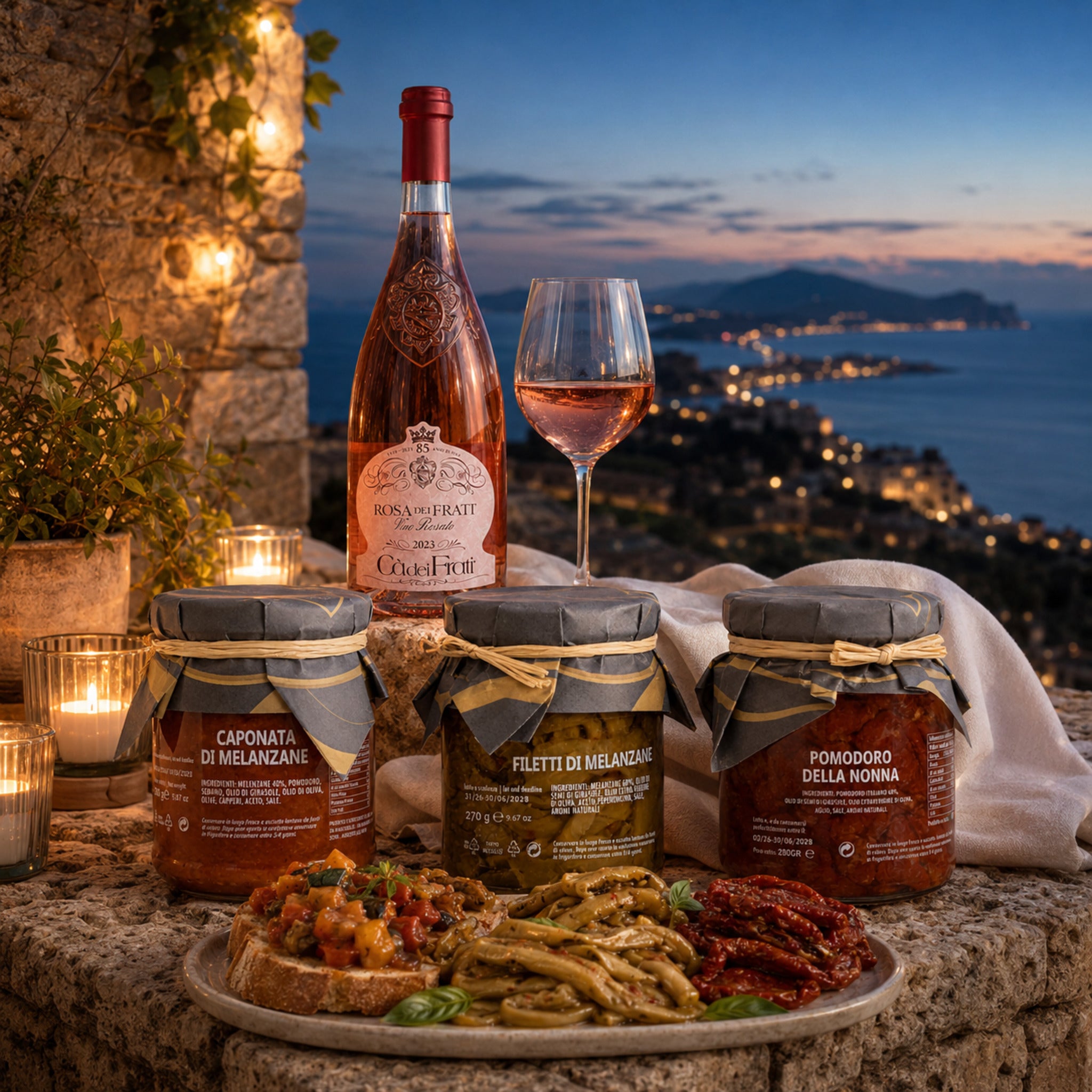 Rosa dei Frati Rosé und sizilianische Antipasti bei einem eleganten italienischen Abend am Meer