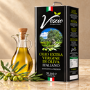 Vescio Olivenöl Extra Vergine 5 Liter aus Kalabrien mit Ölkanne und Olivenzweig auf hellem Stein vor warmem beigem Hintergrund