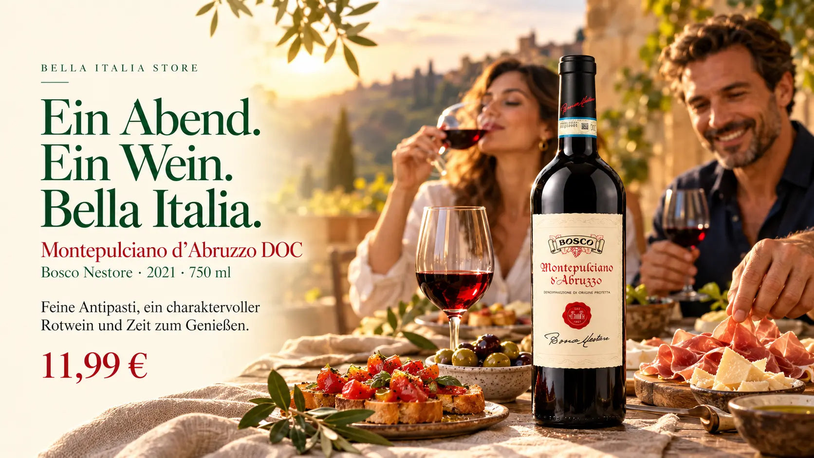 Montepulciano d’Abruzzo DOC Bosco Nestore 2021 auf einer italienischen Terrasse mit zwei Erwachsenen, Rotweingläsern, Bruschetta, Oliven, Käse und Antipasti. 750 ml für 11,99 Euro.